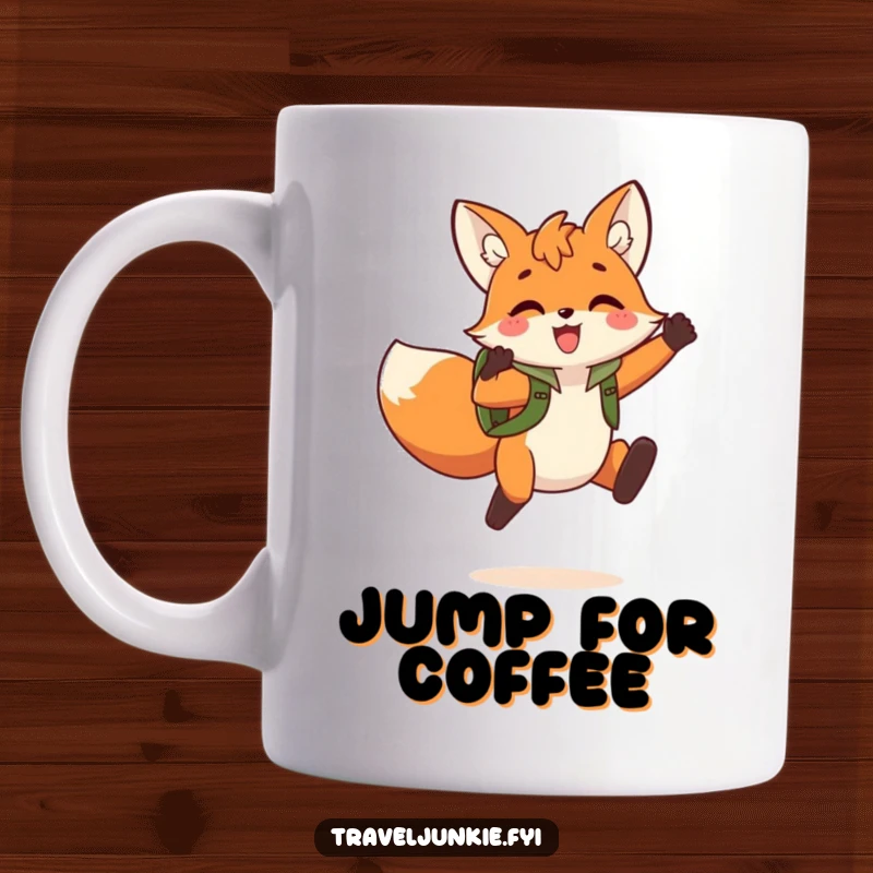 Funny Fox Jump Mug: A playful fox character with a backpack, captured mid-triumphant jump, ready for adventure.