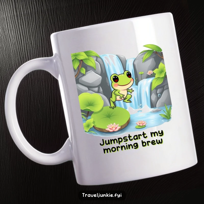 Funny frog character happily hopping onto a lily pad near a waterfall, conveying a lively and joyful nature, suitable for a funny gift.