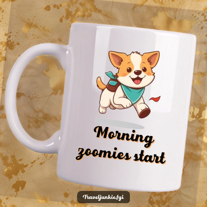 Funny energetic dog running with a bandana and backpack, full of joy, perfect funny gift mug.