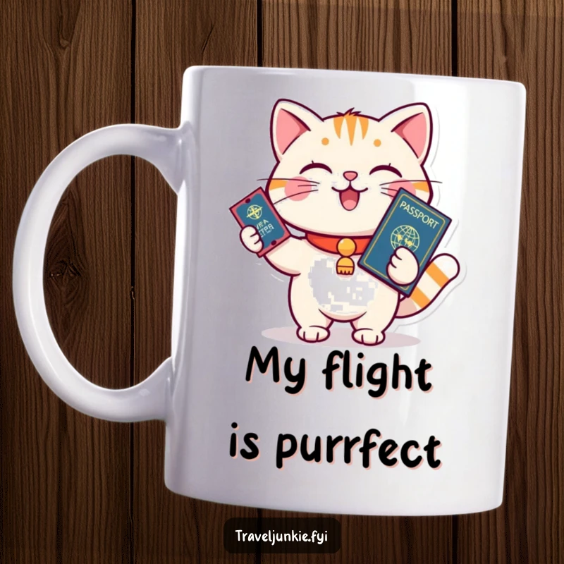Funny playful cat holding a passport and ticket, ready to board a plane, perfect funny gift mug.