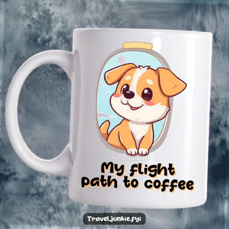 Funny Dog Pilot Mug: Excited dog gazing from airplane window, capturing the joy of travel, perfect funny gift for flyers.