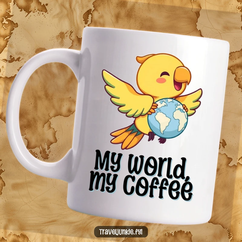 Funny parrot mug with a joyful character flying with a miniature globe, perfect humorous gift for world travelers.