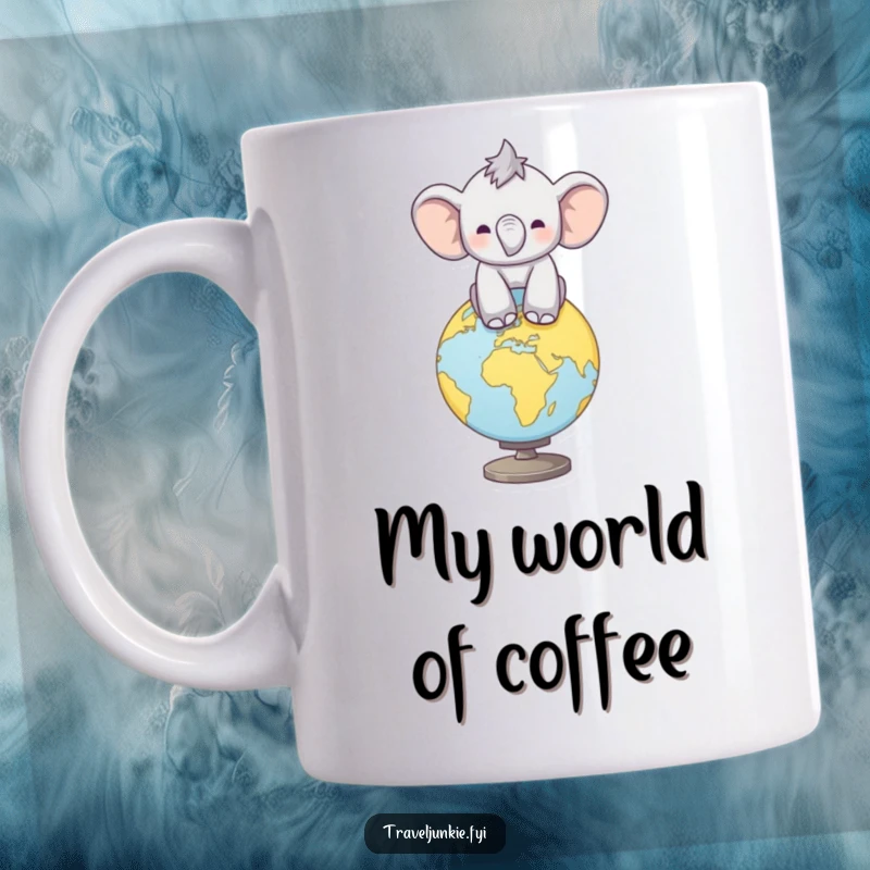 Funny Elephant Globe Mug: Joyful calf balancing on a globe, celebrating global fun, perfect funny gift for travelers.