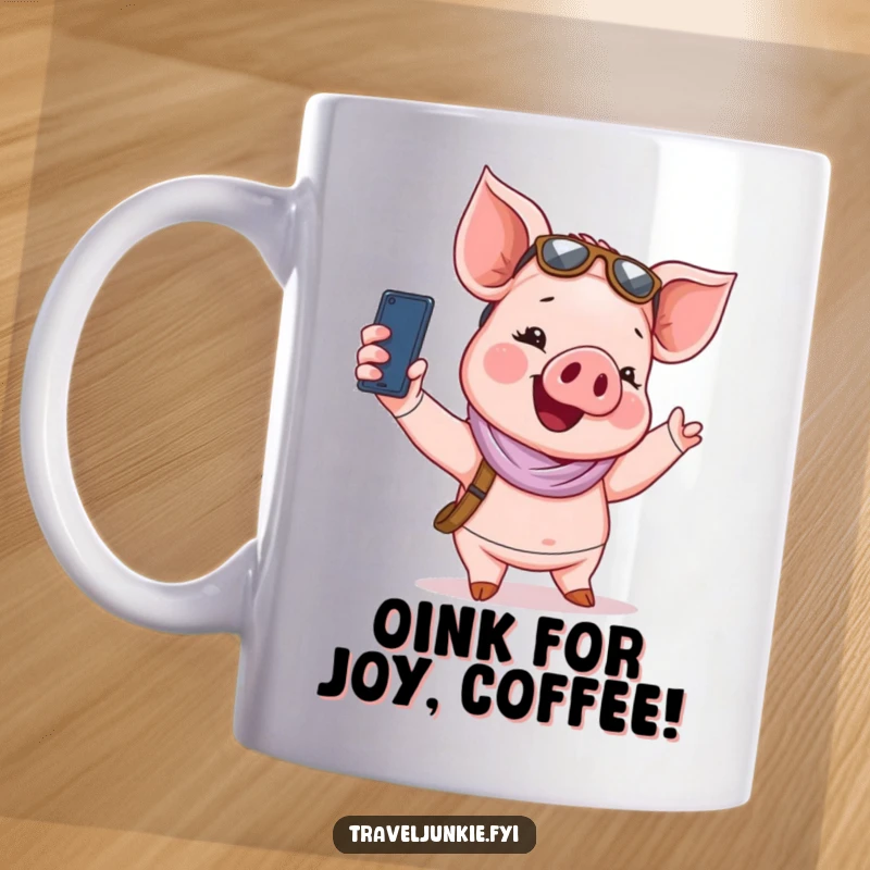 Funny Mug: A giggling piglet tourist poses happily while taking a funny selfie.