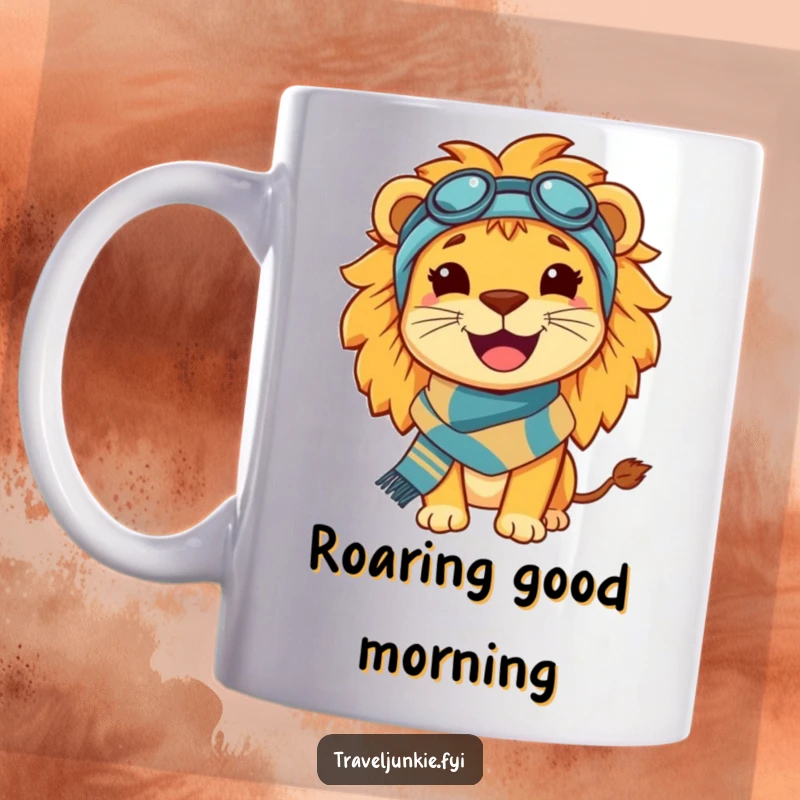 Funny Lion Travel Mug: A happy, smiling lion character wearing a colorful travel scarf, ready for a grand adventure.
