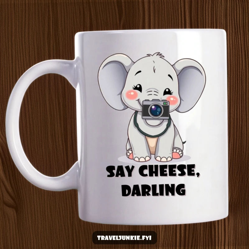 Funny cheerful elephant with a camera around its neck, posing for a photo, perfect funny gift mug.