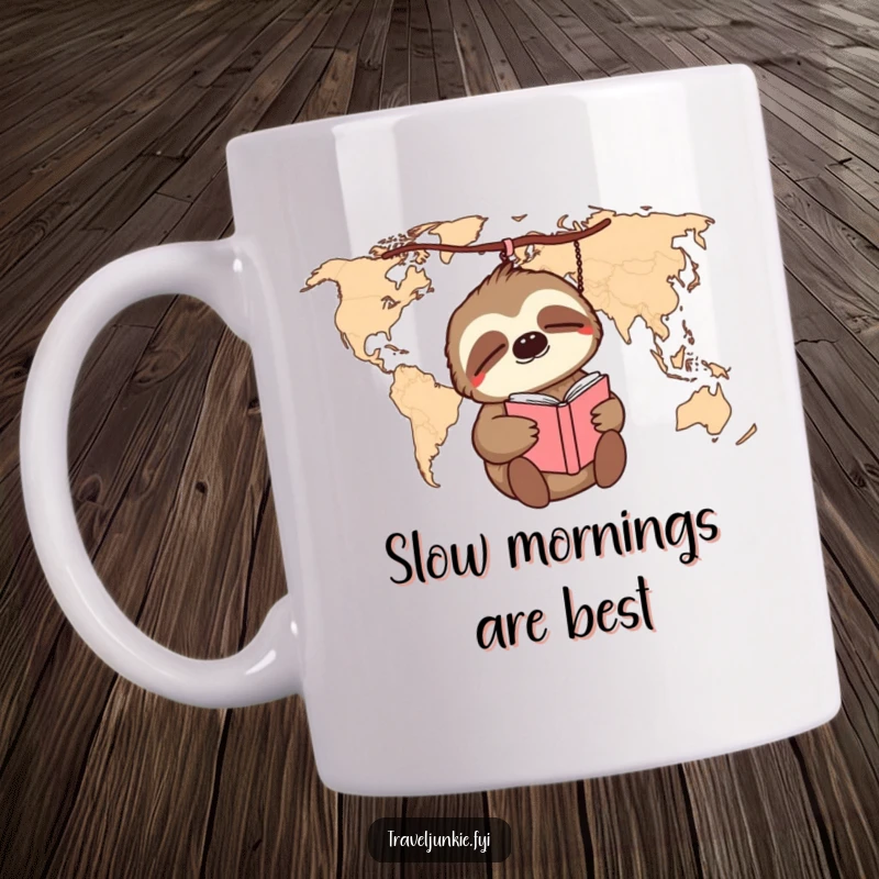 Funny sleepy sloth dangles from a world map, holding a travel journal, a humorous mug for slow exploration.