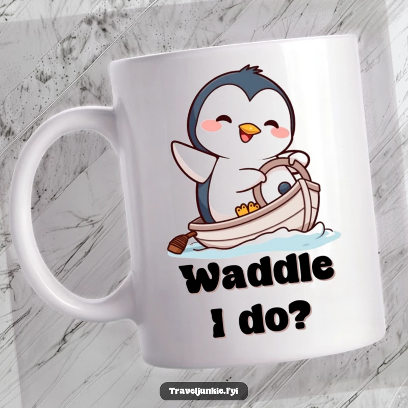 Funny mug with a happy penguin character comically attempting to steer a tiny boat, full of effort.