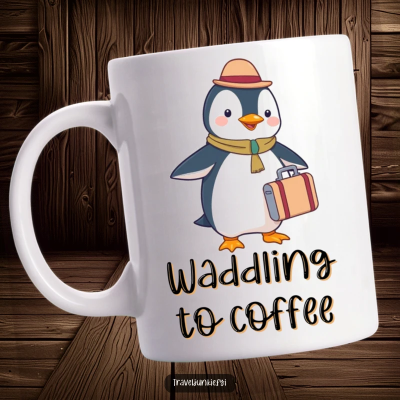 Funny penguin tourist mug, happily holding a tiny suitcase, ready for adventure, cute and humorous design.