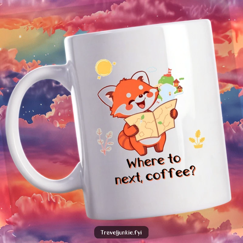 Funny Red Panda Mug: A happy red panda holds a map and points enthusiastically towards an unknown destination, embodying adventure.