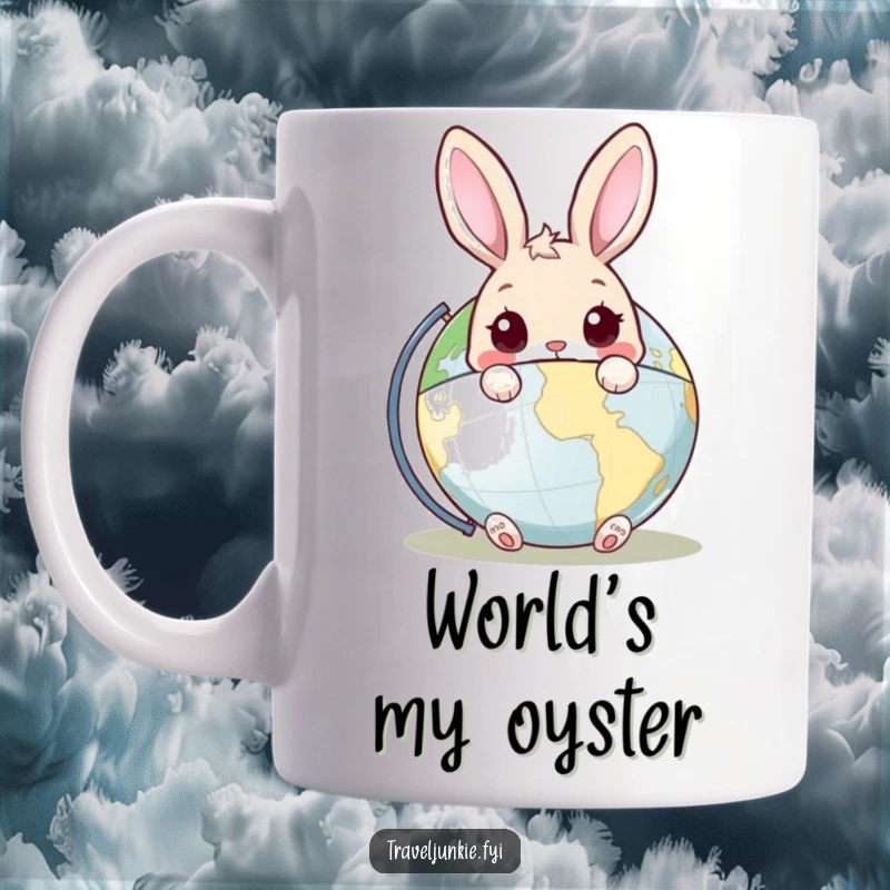 Funny Rabbit Globe Mug: A curious brown rabbit peeking playfully from behind a colorful world globe, ideal for travel enthusiasts.
