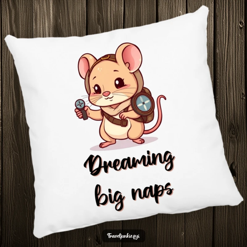 Funny Pillow: A little mouse wanderer navigates with a compass, bringing funny comfort.