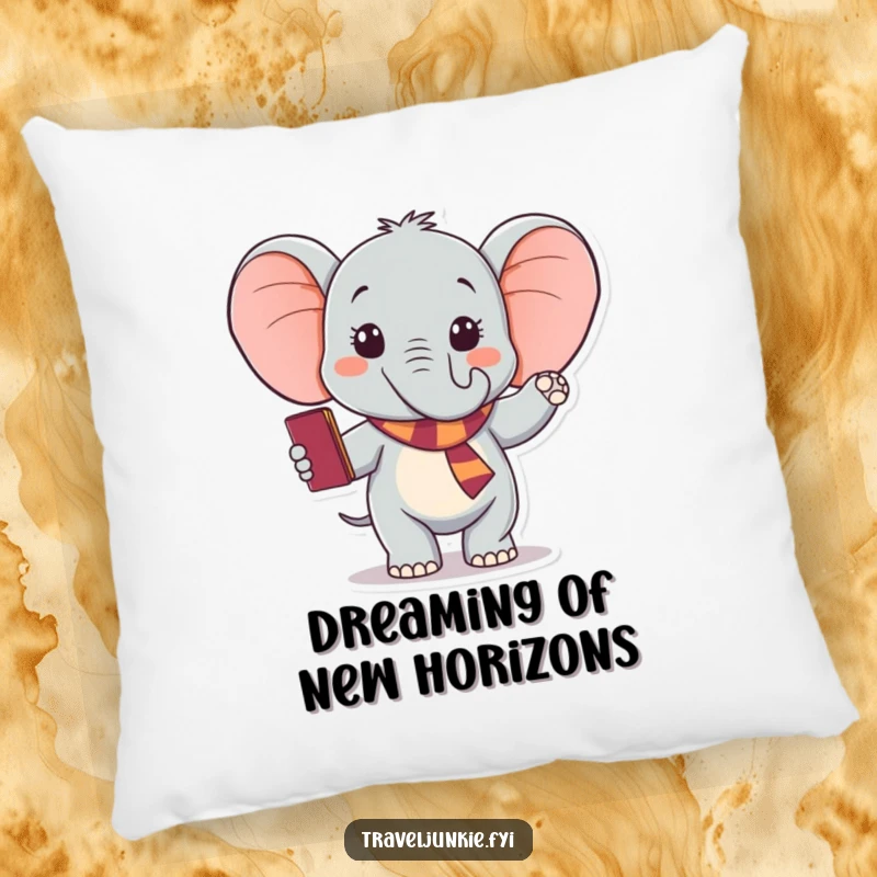Funny elephant pillow, soft comfortable cushion with an excited traveler waving goodbye holding passport, a humorous gift.