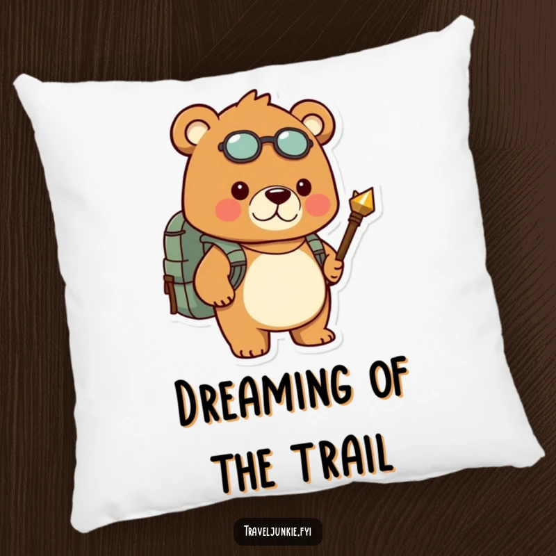 Funny pillow shows a determined bear with backpack and compass, offering cozy humor and adventure-themed decor.
