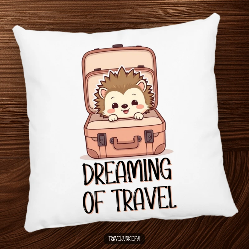 Funny pillow showing a hedgehog curiously looking into an open suitcase, providing comfort and a touch of travel-themed humor.