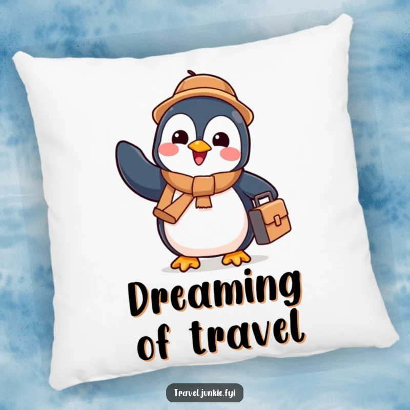 Funny penguin with a suitcase waving goodbye, soft and cuddly pillow, perfect humorous gift for relaxation.