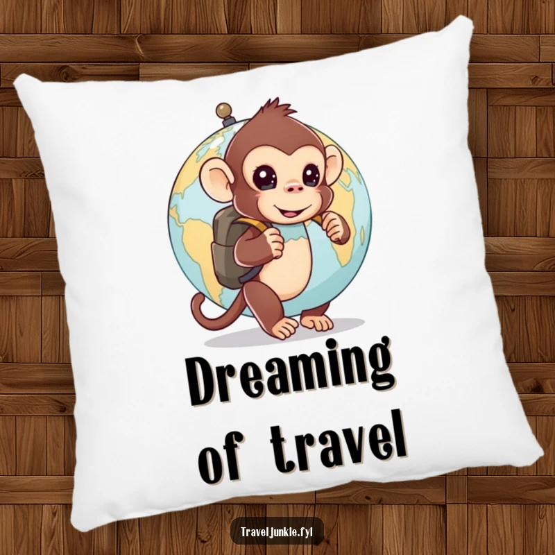 Funny pillow: a curious monkey with a backpack peeks from behind a globe, offering cozy comfort and curious humor.