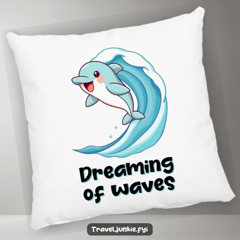 Funny dolphin pillow featuring a jubilant character leaping from a stylized ocean wave, offering comfort and a humorous ocean theme.