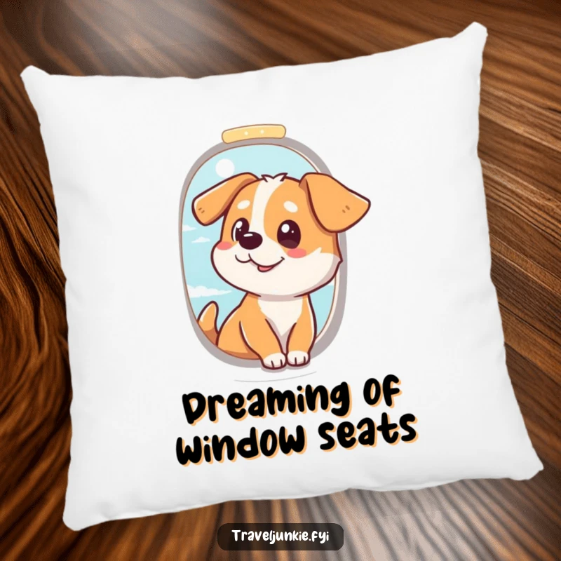 Funny Dog Travel Pillow: Soft cushion with a dog at an airplane window, bringing travel humor and comfort, funny gift.