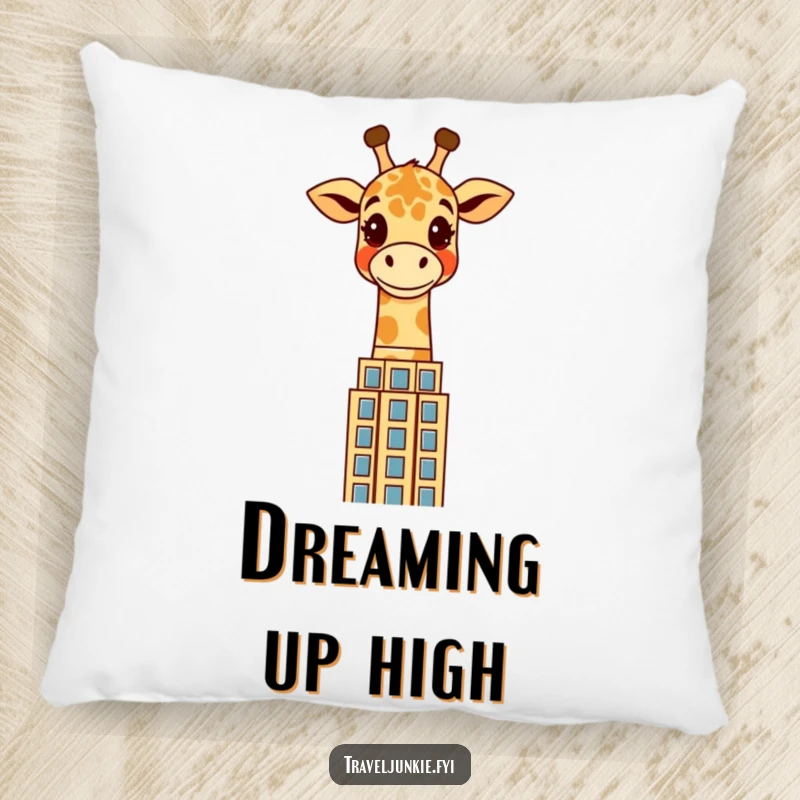 Funny giraffe pillow featuring a cheerful character peering over a stylized skyscraper, offering comfort and a humorous urban theme.