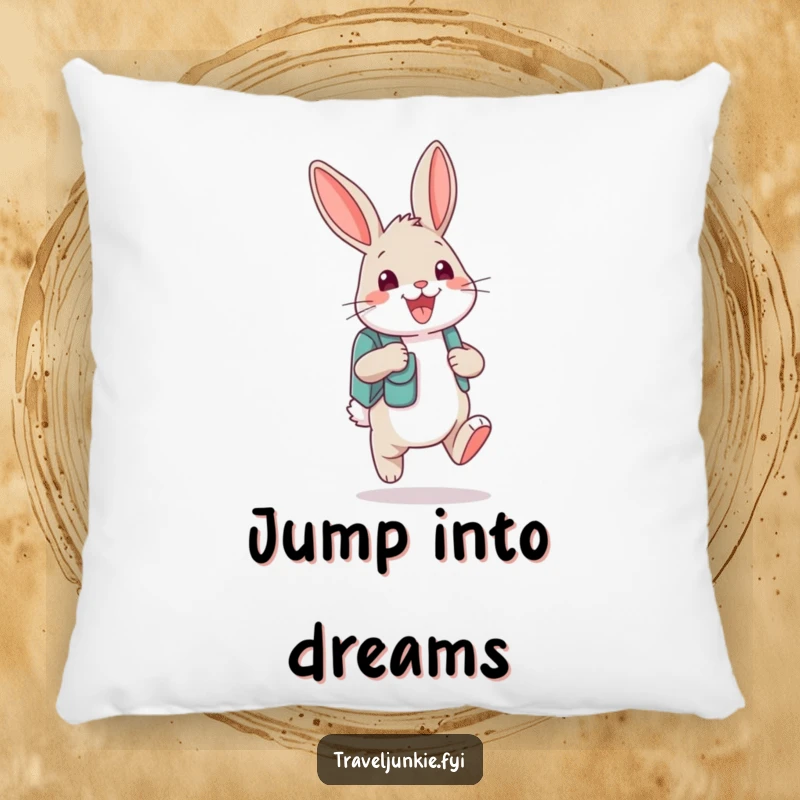 Funny bunny character with a backpack and a wide smile on a soft and humorous pillow, perfect for cozy adventures.