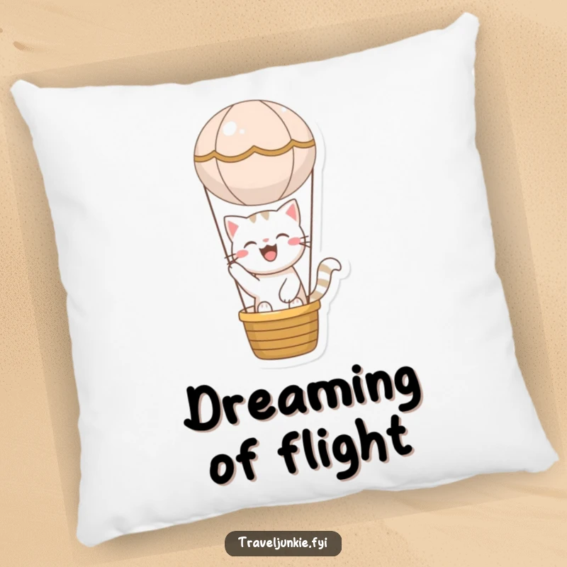 Funny cat pillow featuring a joyful character riding in a miniature hot air balloon, offering comfort with a humorous, dreamlike quality.