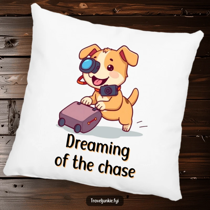 Funny dog pillow, a playful dog with a camera chasing a rolling suitcase, a soft accent for any room.