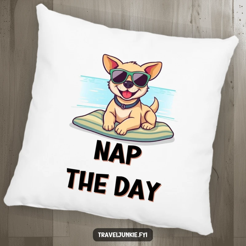 Funny pillow featuring a relaxed dog in sunglasses on a beach, providing comfort and a splash of funny, vacation decor.