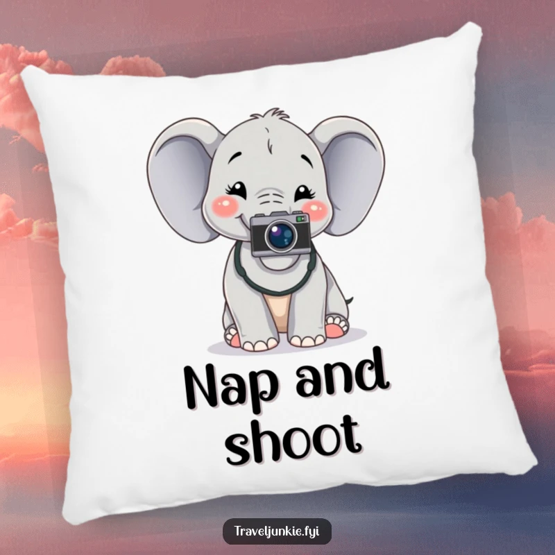 Funny cheerful elephant with a camera, posing for a photo, soft and cuddly pillow, perfect humorous gift.