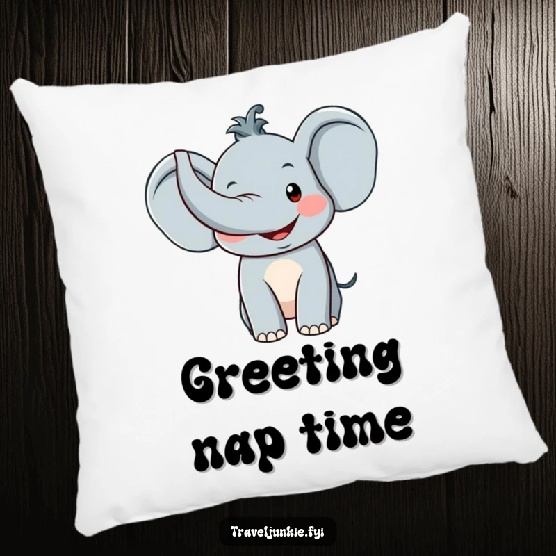 Funny Elephant Pillow: A plush pillow featuring a smiling elephant character with its trunk raised in a joyful, welcoming greeting.