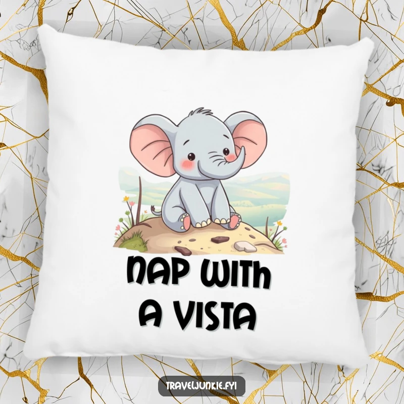 Funny elephant character enjoying a scenic view from a hilltop, depicted as comfy and peaceful, perfect for a funny gift pillow.