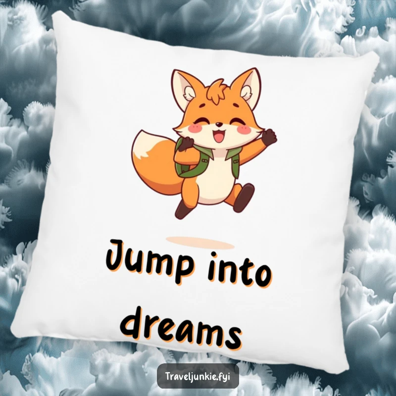 Funny Fox Jump Pillow: A comfortable pillow featuring a playful fox with a backpack captured in a triumphant jump.