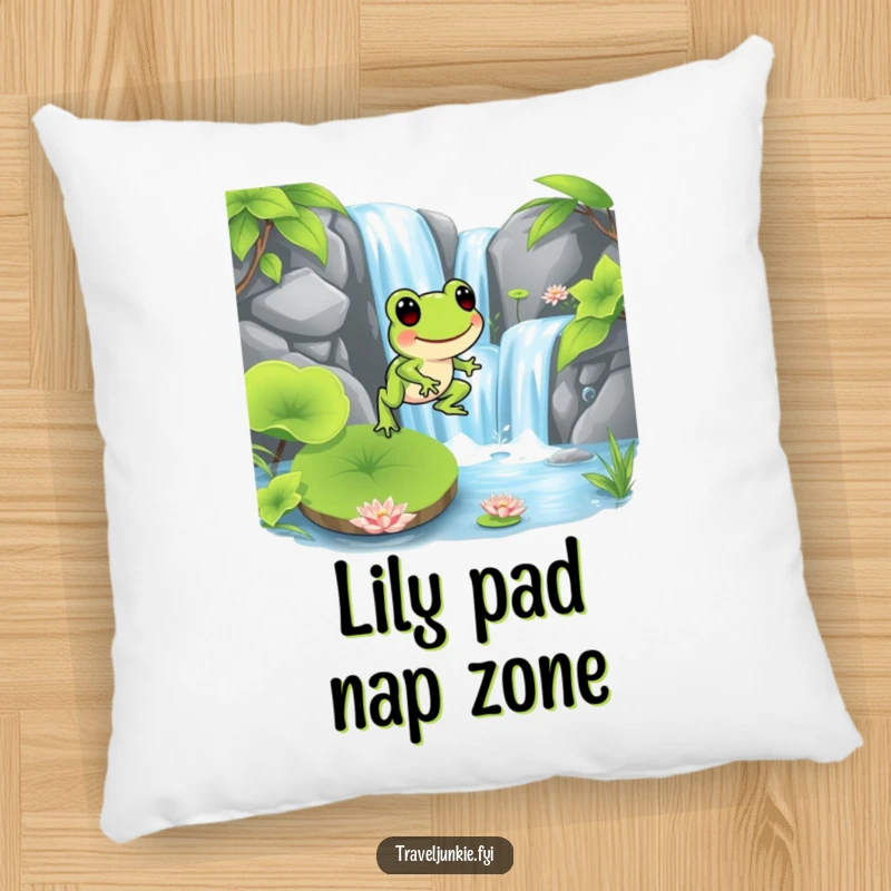 Funny frog character hopping onto a lily pad near a waterfall, depicted as comfy and cheerful, perfect for a funny gift pillow.