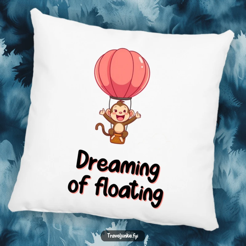 Funny pillow featuring an ecstatic monkey character joyfully bouncing on a whimsical hot air balloon for ultimate comfort.