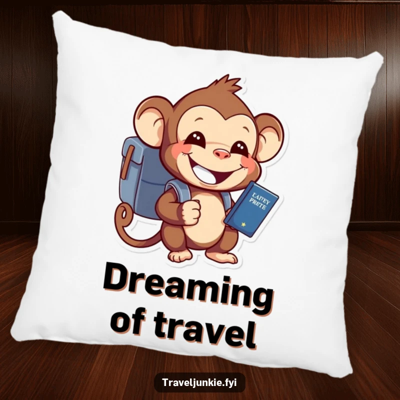 Funny monkey holding passport with backpack, grinning cheerfully, on a soft and comfortable decorative pillow.