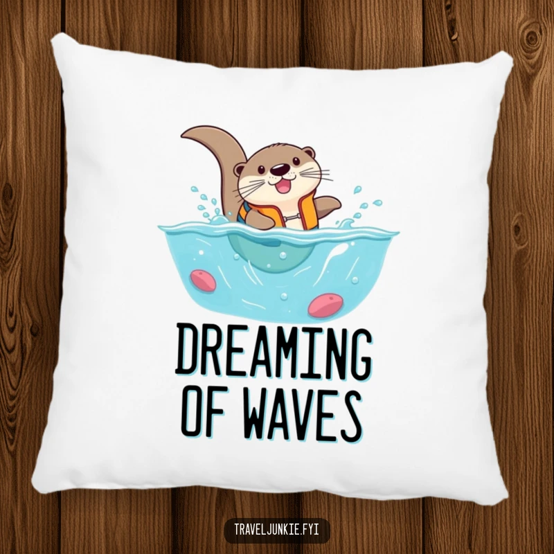 Funny otter in a life vest, comically diving into a tiny ocean, a humorous and cozy accent pillow.