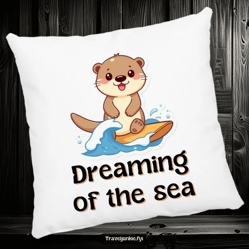Funny Otter Pillow: A smiling otter character surfs a small wave, ideal for adding nautical charm.