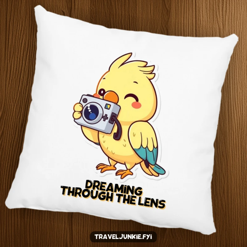 Funny pillow design of a cheerful parrot character with a tiny camera, capturing moments with a smile.