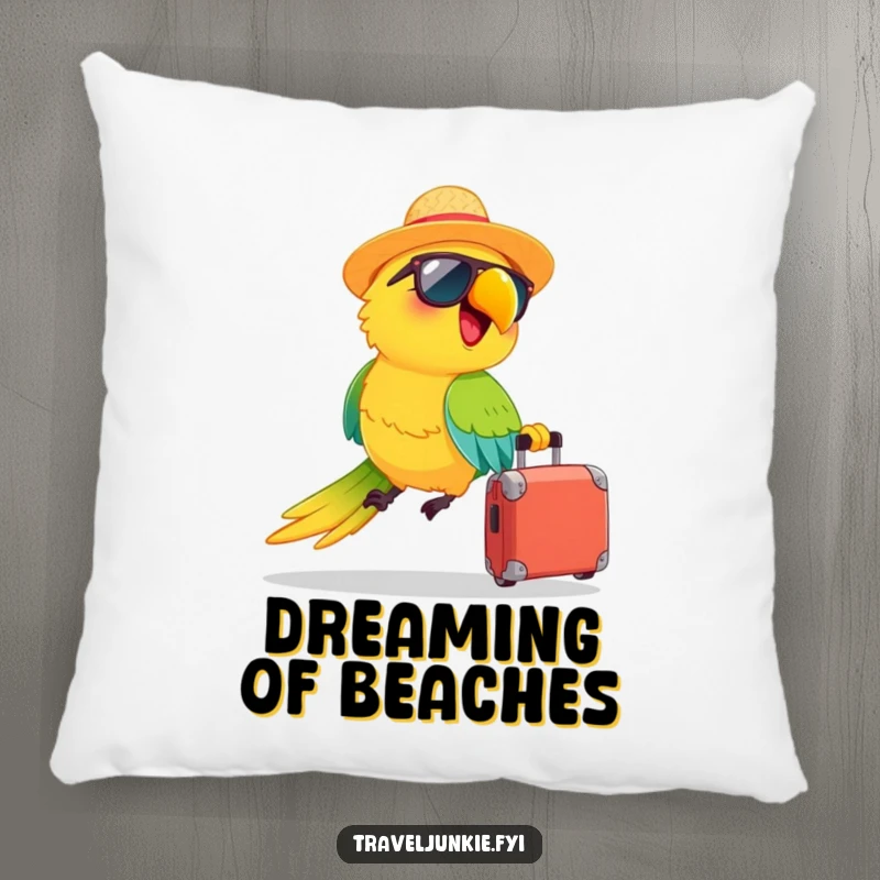 Funny pillow: a happy parrot wearing a straw hat and sunglasses zooms with a suitcase, offering tropical comfort and humorous décor.