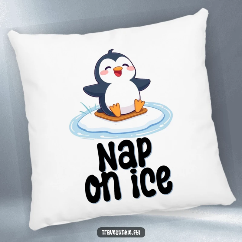 Funny pillow featuring a joyful penguin character sliding on a frozen lake, adding a touch of whimsical comfort.