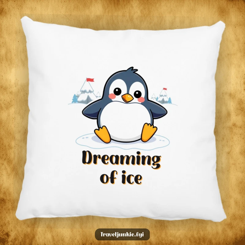 Funny penguin pillow featuring a playful character sliding on an icy graphic, offering comfort and a humorous winter theme.