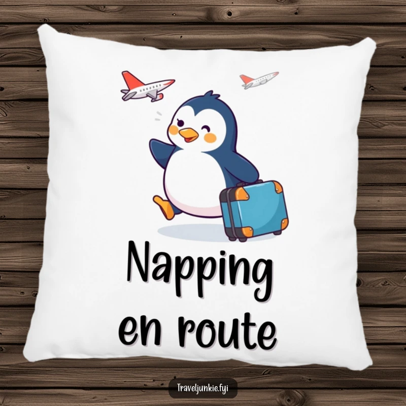 Funny penguin with a suitcase waddling towards a plane, depicted on a soft and decorative toss pillow.