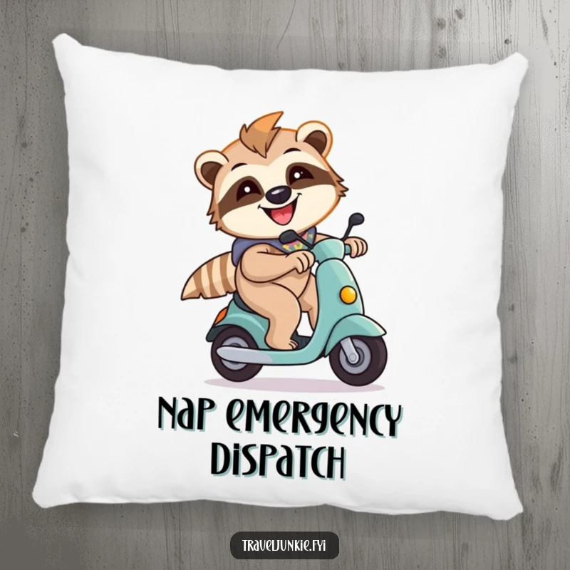 Funny, energetic sloth character on a scooter, printed on a soft pillow, ideal for adding humor to a couch or bed.