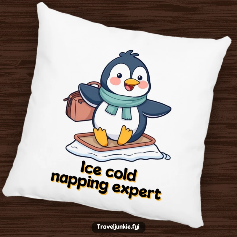 Funny penguin character sliding on ice with a travel bag, depicted as comfy and joyful, perfect for a funny gift pillow.