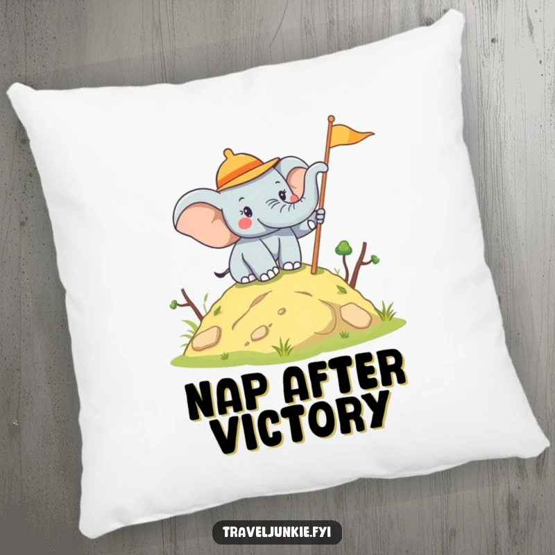 Funny Elephant Explorer Pillow: A soft pillow with a joyful elephant planting a flag, great for a funny gift.