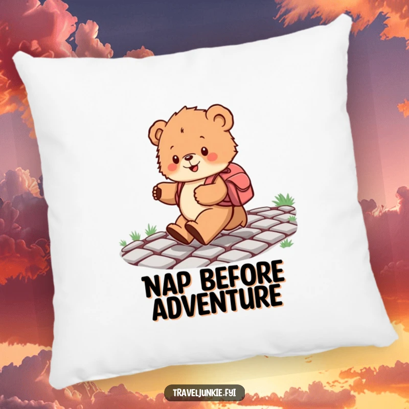 Funny pillow featuring a fluffy bear cub with a backpack skipping on a cobblestone path, offering comfort and a touch of playful humor.