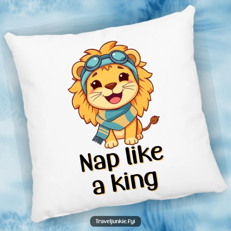 Funny Lion Travel Pillow: A comfortable pillow featuring a happy, smiling lion wearing a travel scarf, perfect for adventurers.