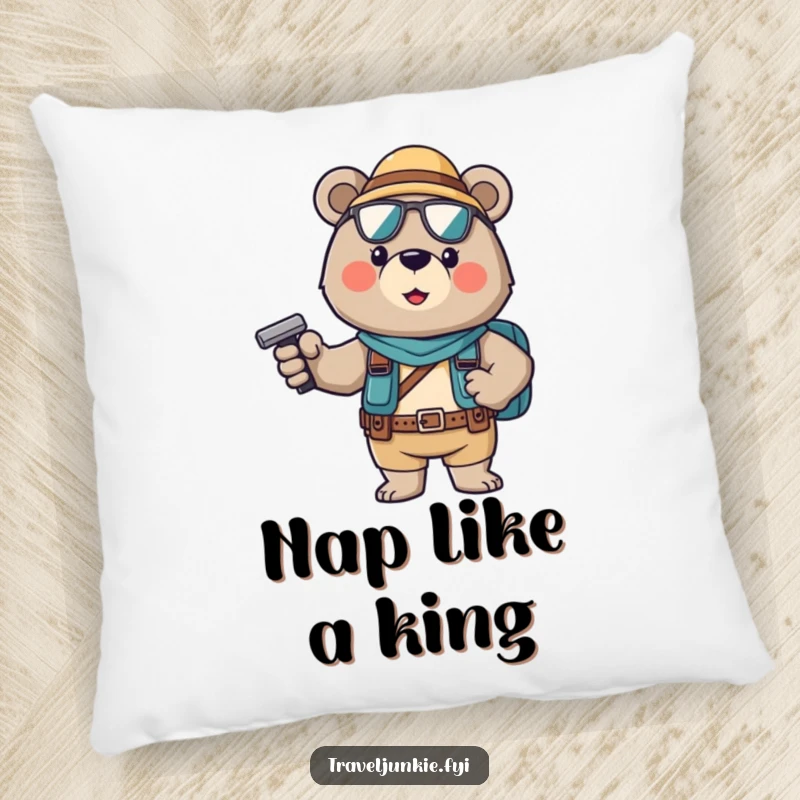 Funny Pillow: A brave bear tourist in a confident pose, offering comfort and a touch of humor.