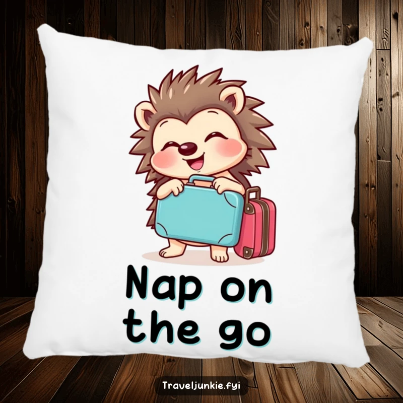 Funny hedgehog pillow featuring a cheerful character joyfully posing with a tiny suitcase, ideal for comfortable dreams of travel.