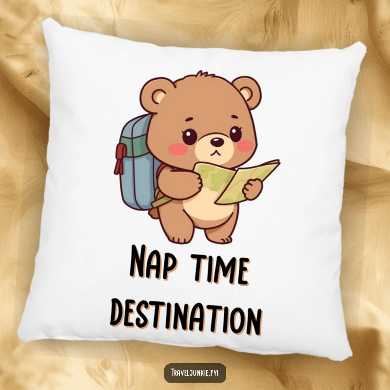 Funny bear pillow featuring a determined character with a backpack and map, offering comfort and a humorous sense of direction.